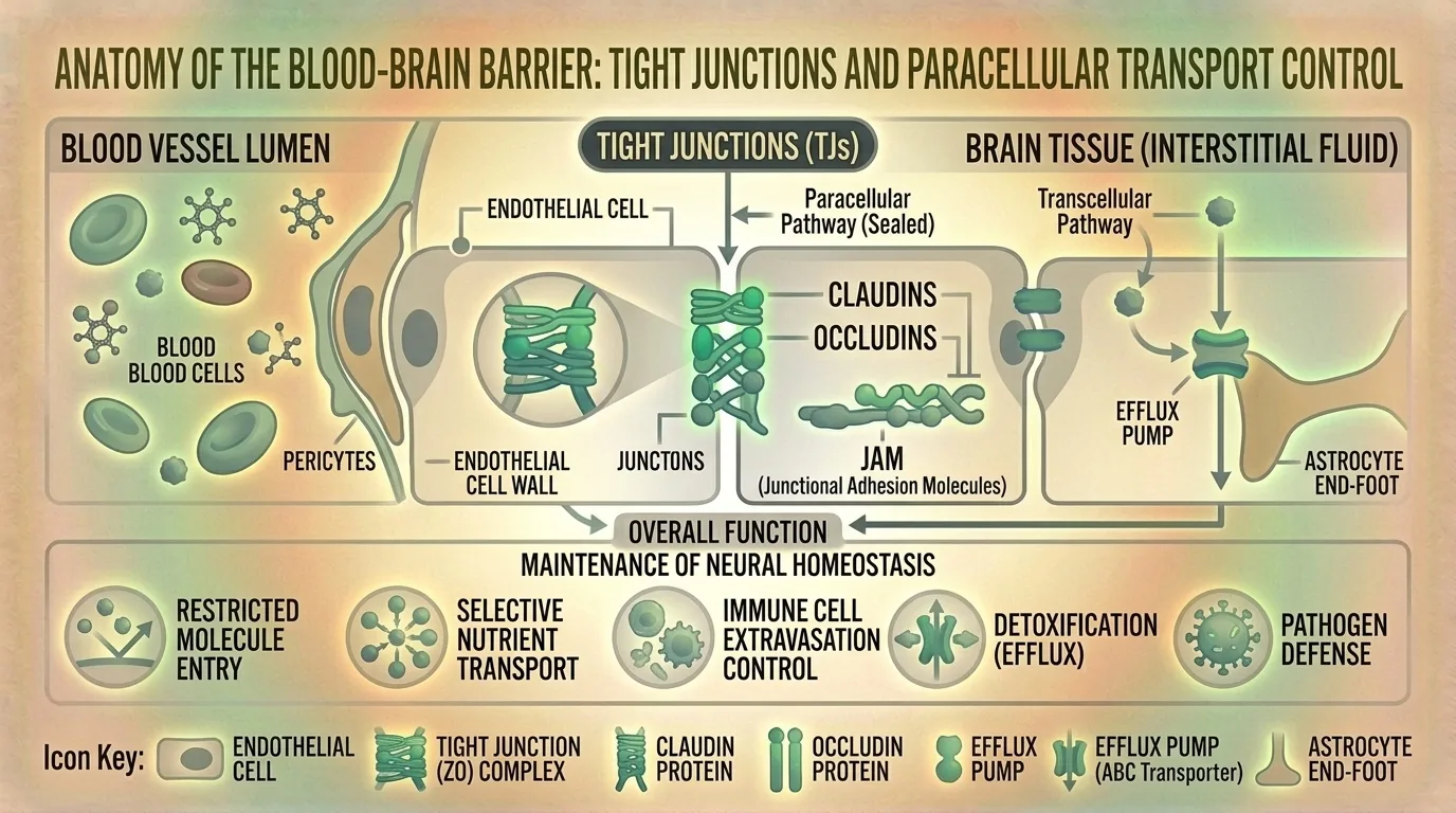Cross-section illustration of blood-brain barrier tight junctions