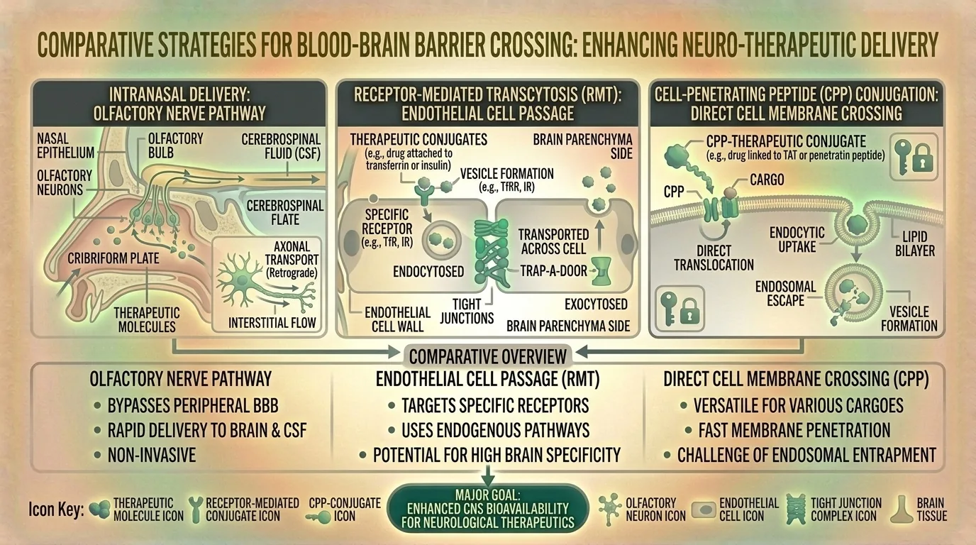 Diagram comparing BBB crossing strategies for peptides