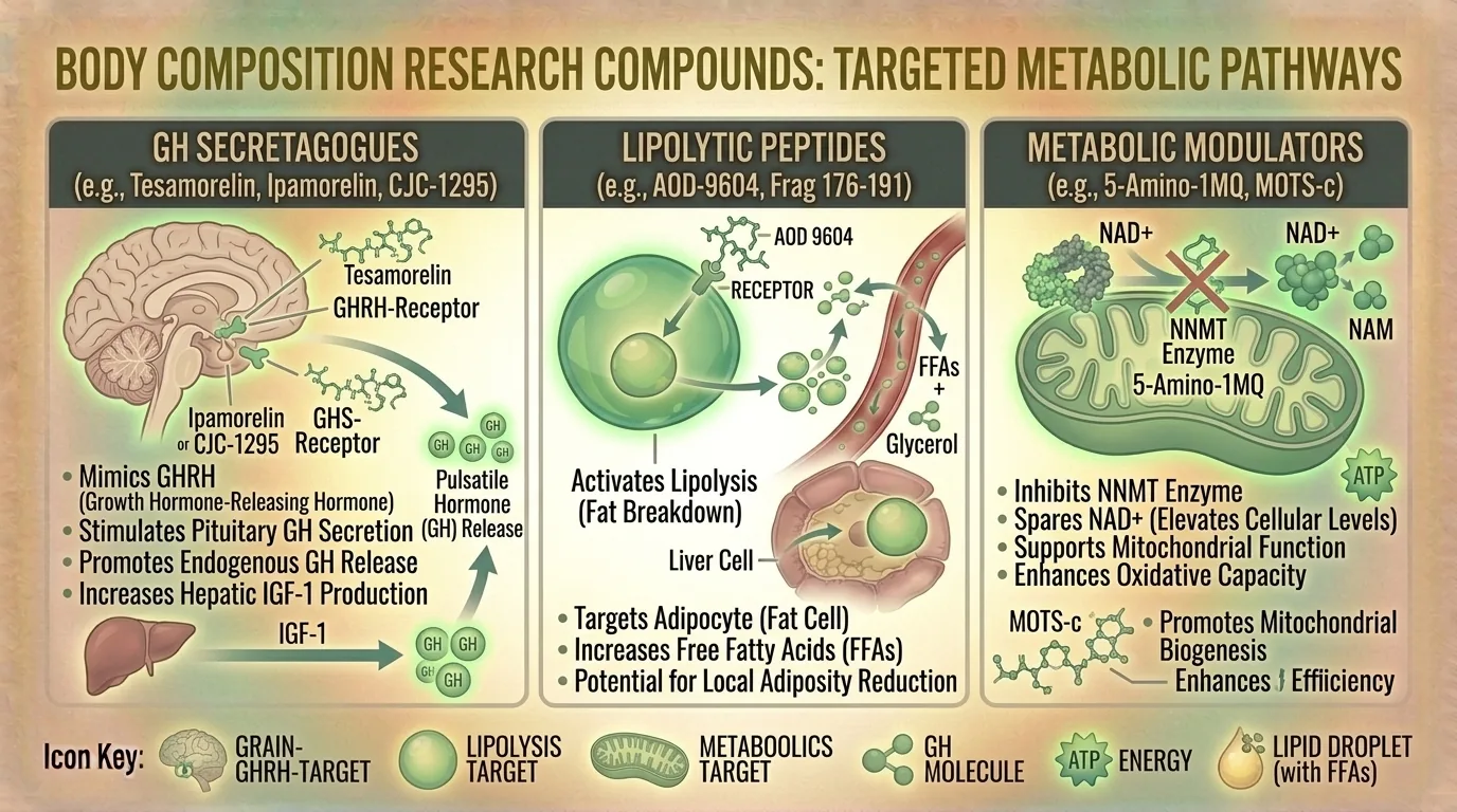 Diagram showing different compound categories targeting body composition pathways