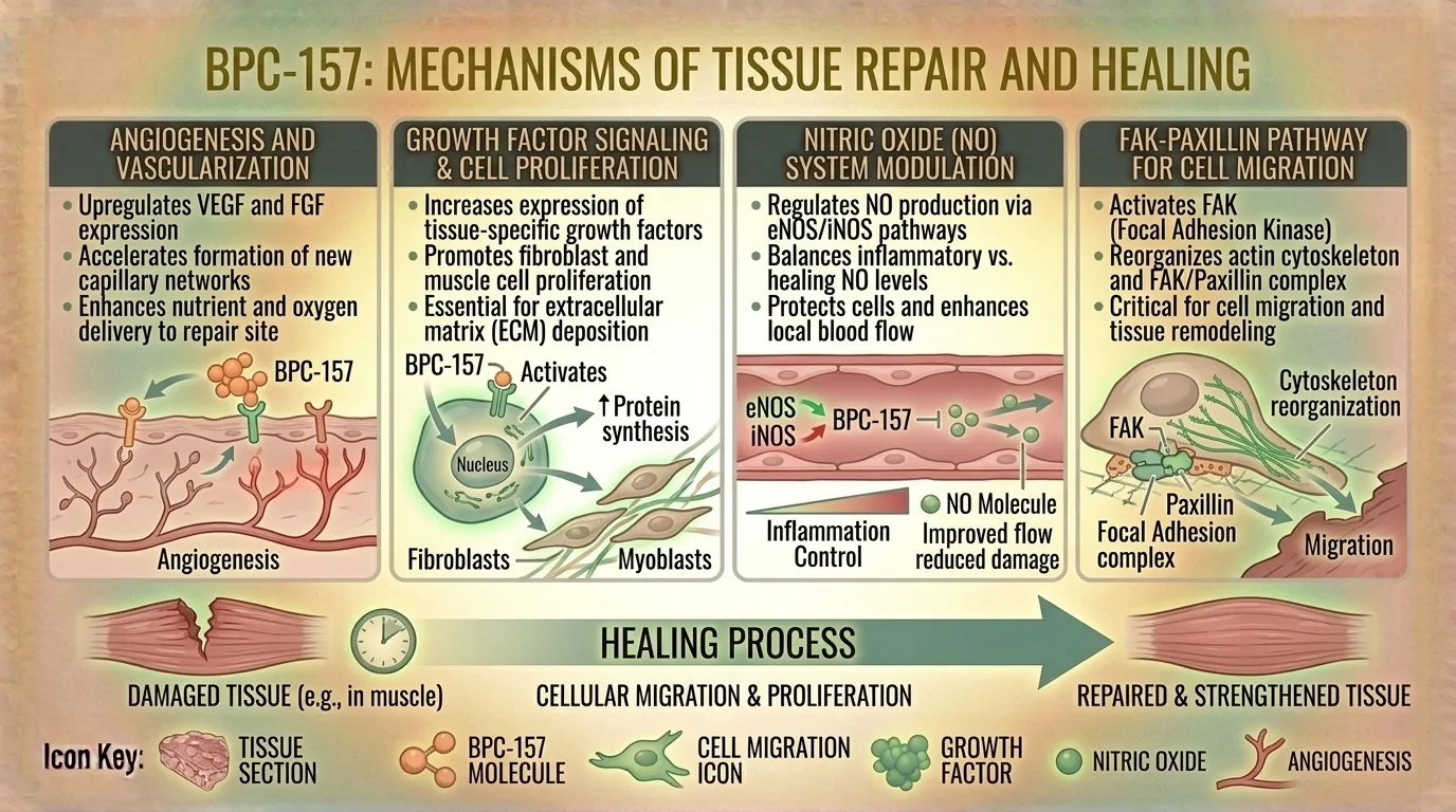 Molecular illustration of BPC-157 peptide interacting with tissue repair pathways