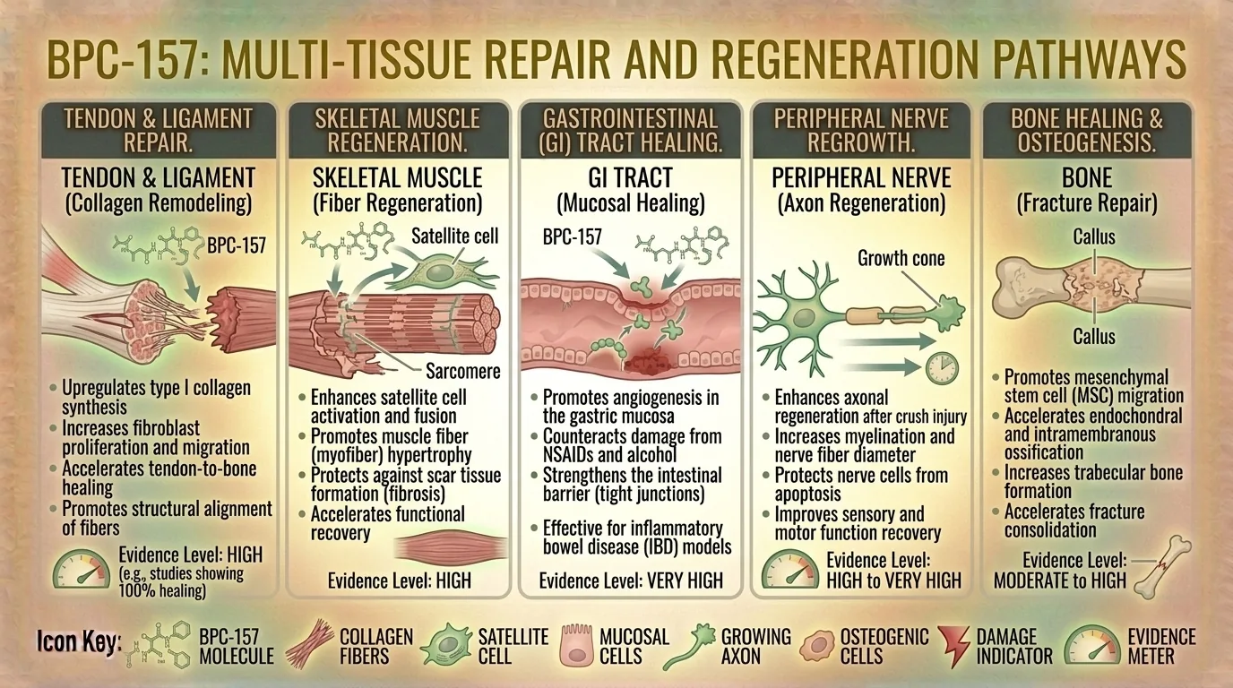 Diagram showing BPC-157 mechanisms in tissue repair including angiogenesis and growth factor signaling