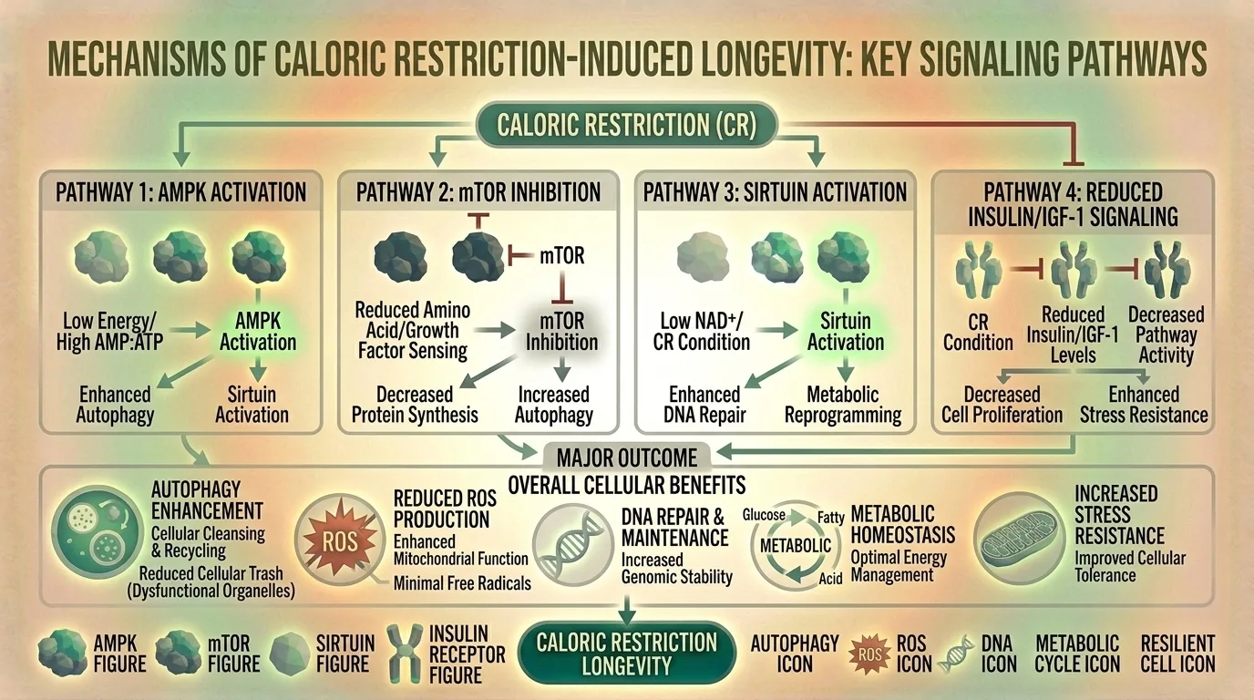 Diagram showing biological pathways activated by caloric restriction