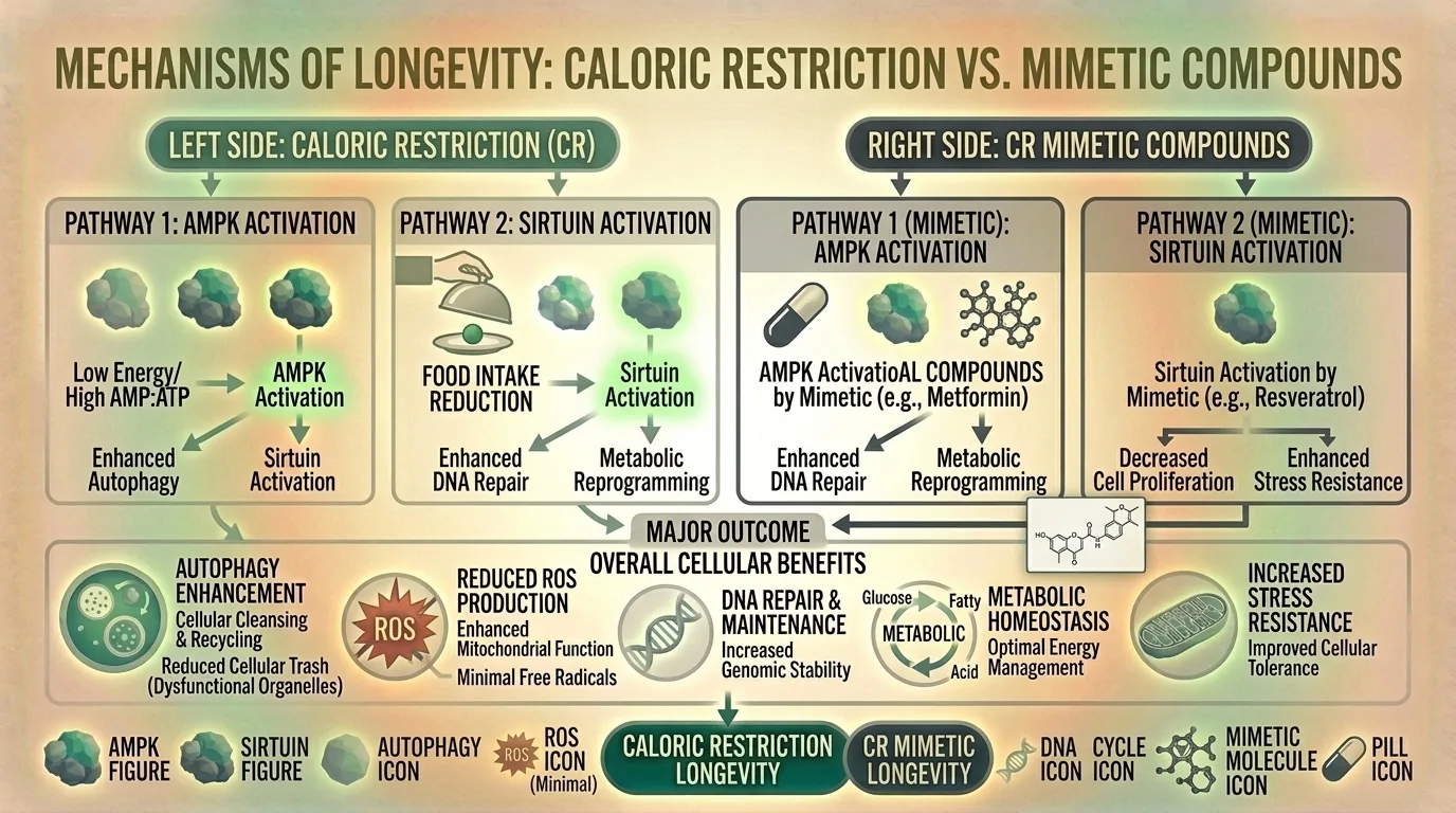 Diagram comparing caloric restriction pathway activation with CR mimetic approaches