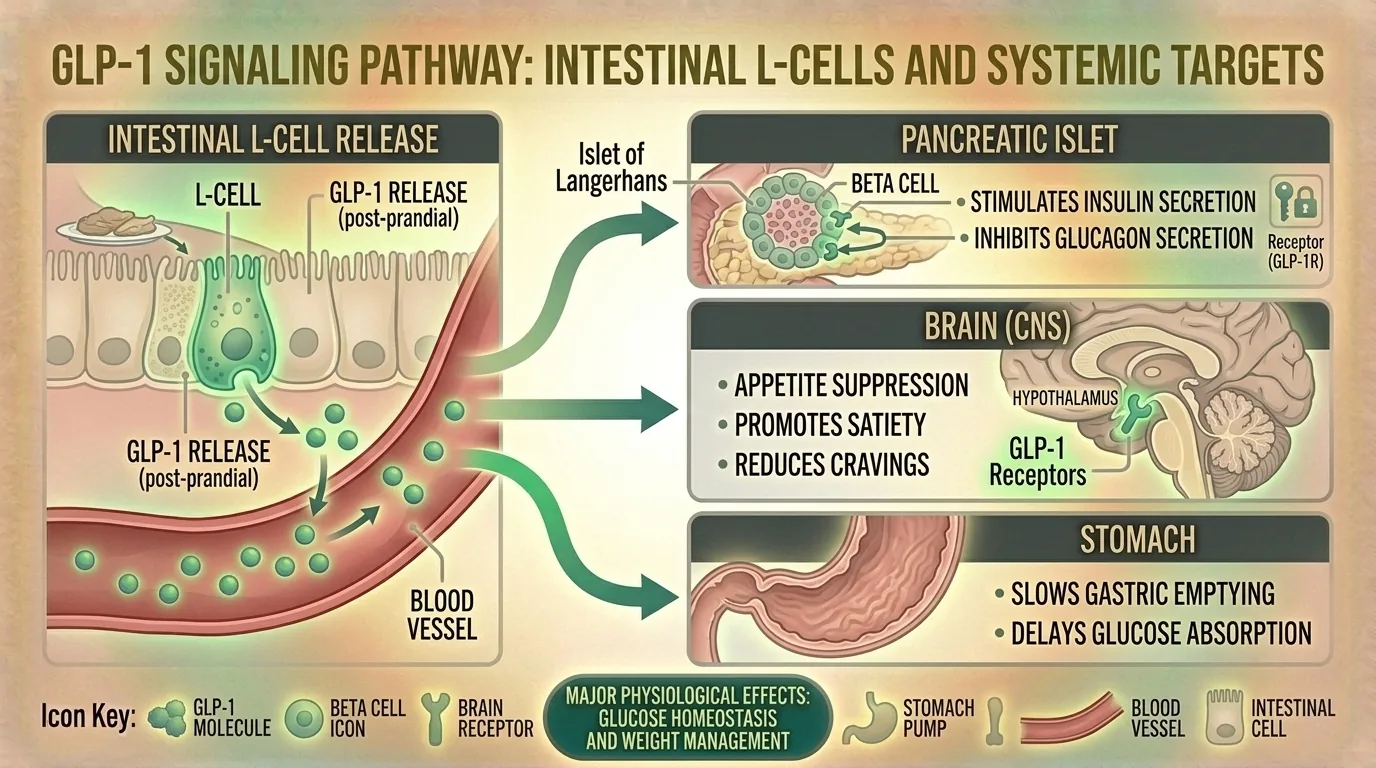 Diagram of GLP-1 signaling pathway from gut to brain and pancreas