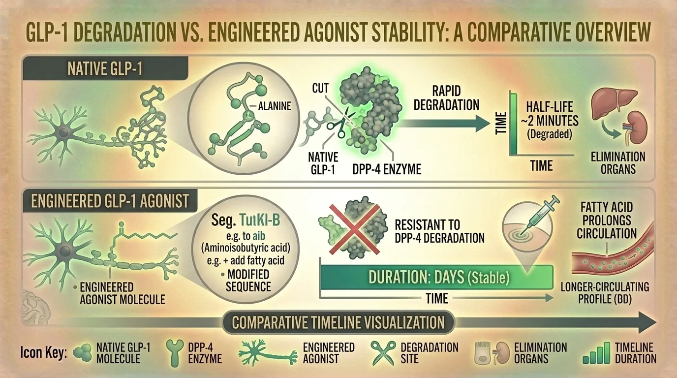 Comparison of natural GLP-1 half-life vs engineered agonist duration