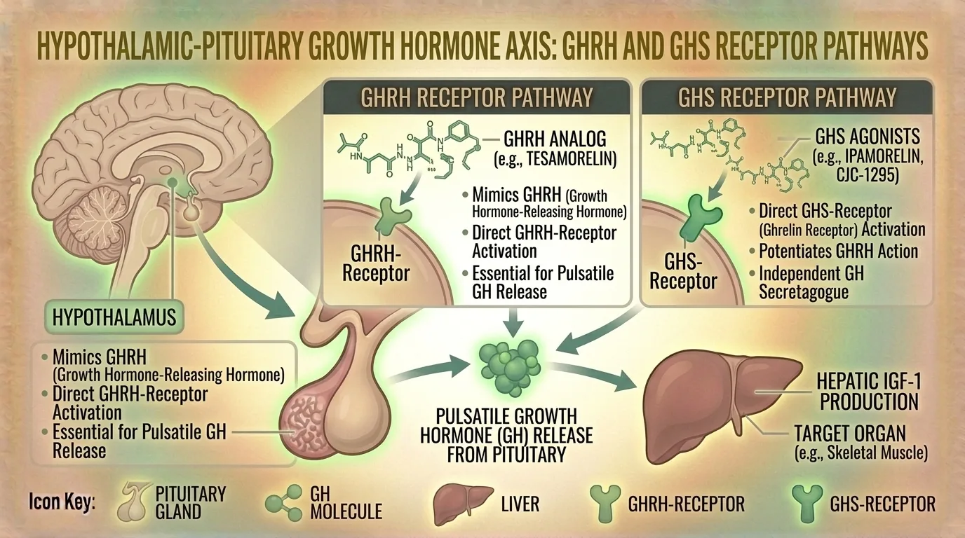 Diagram of the hypothalamic-pituitary GH axis and secretagogue action points