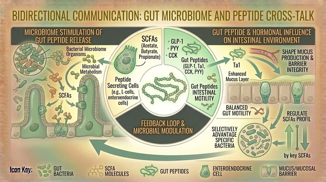 Diagram showing bidirectional gut-microbiome-peptide signaling