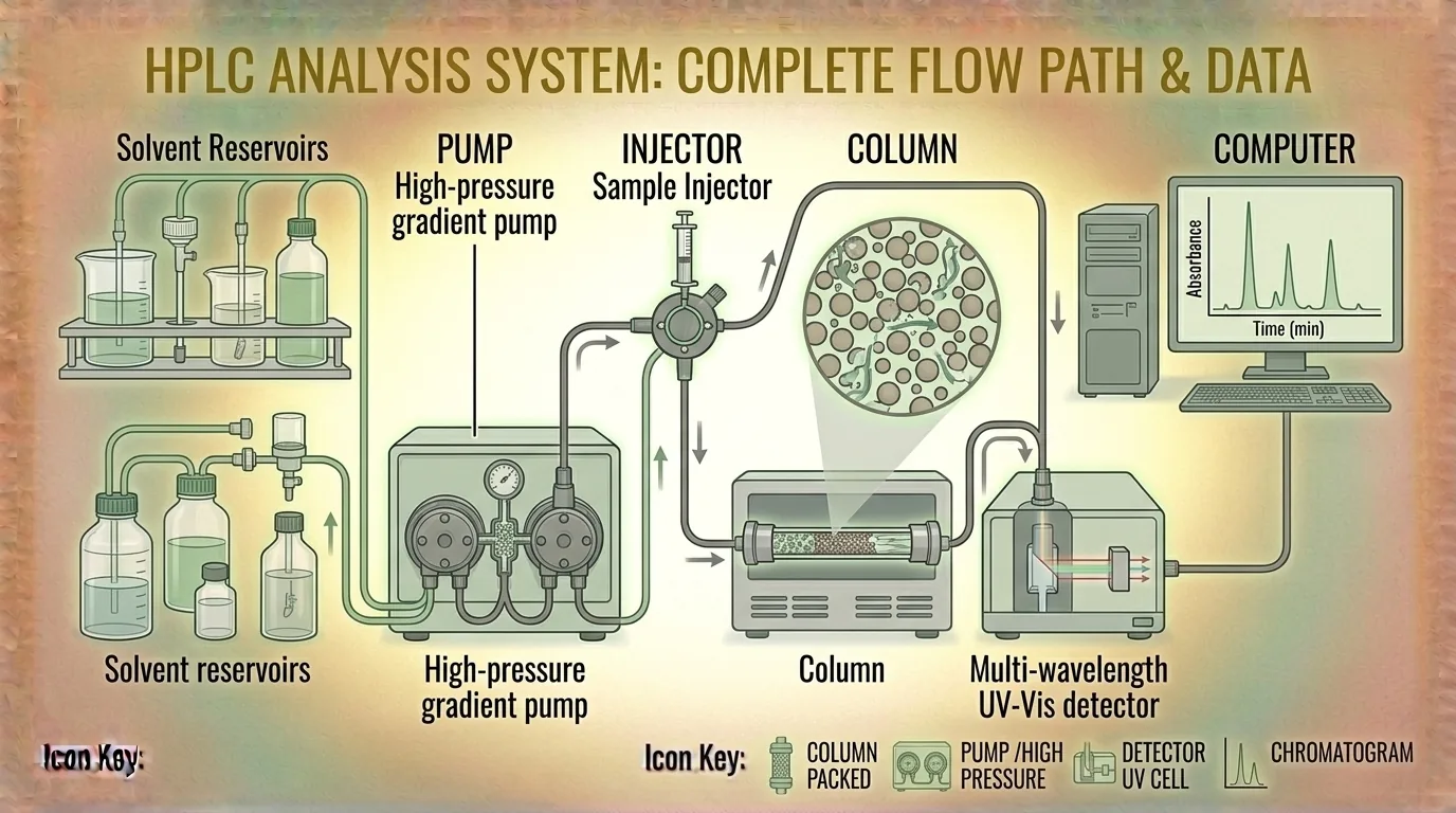 Illustration of HPLC and mass spectrometry instruments in an analytical laboratory