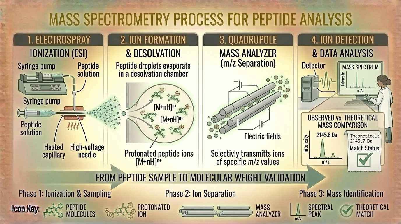 Diagram showing how mass spectrometry ionizes and measures peptide molecular weight