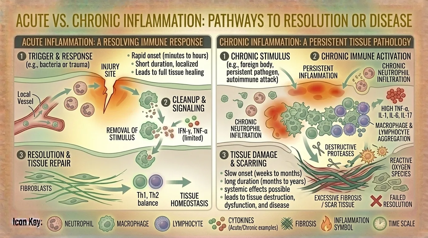 Diagram comparing acute vs chronic inflammation pathways