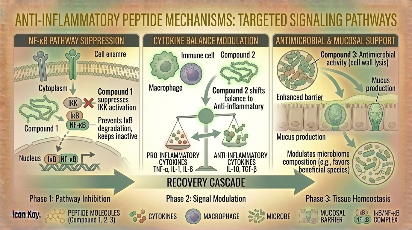 Diagram showing anti-inflammatory peptide mechanisms targeting different pathways