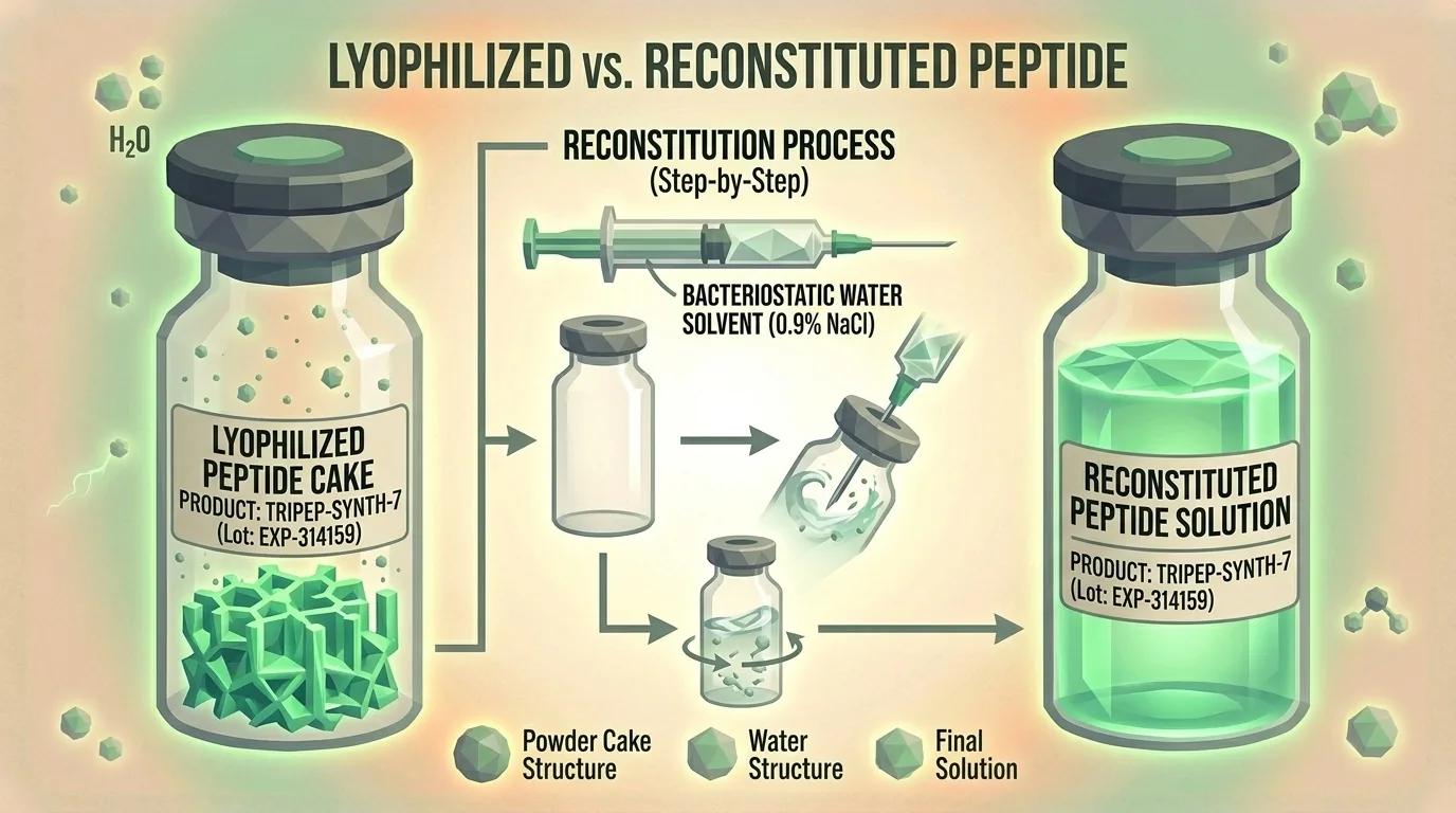 Side-by-side comparison of lyophilized peptide powder and reconstituted liquid in vials