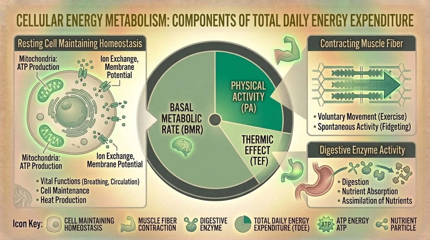 Diagram of cellular energy metabolism showing ATP production pathways