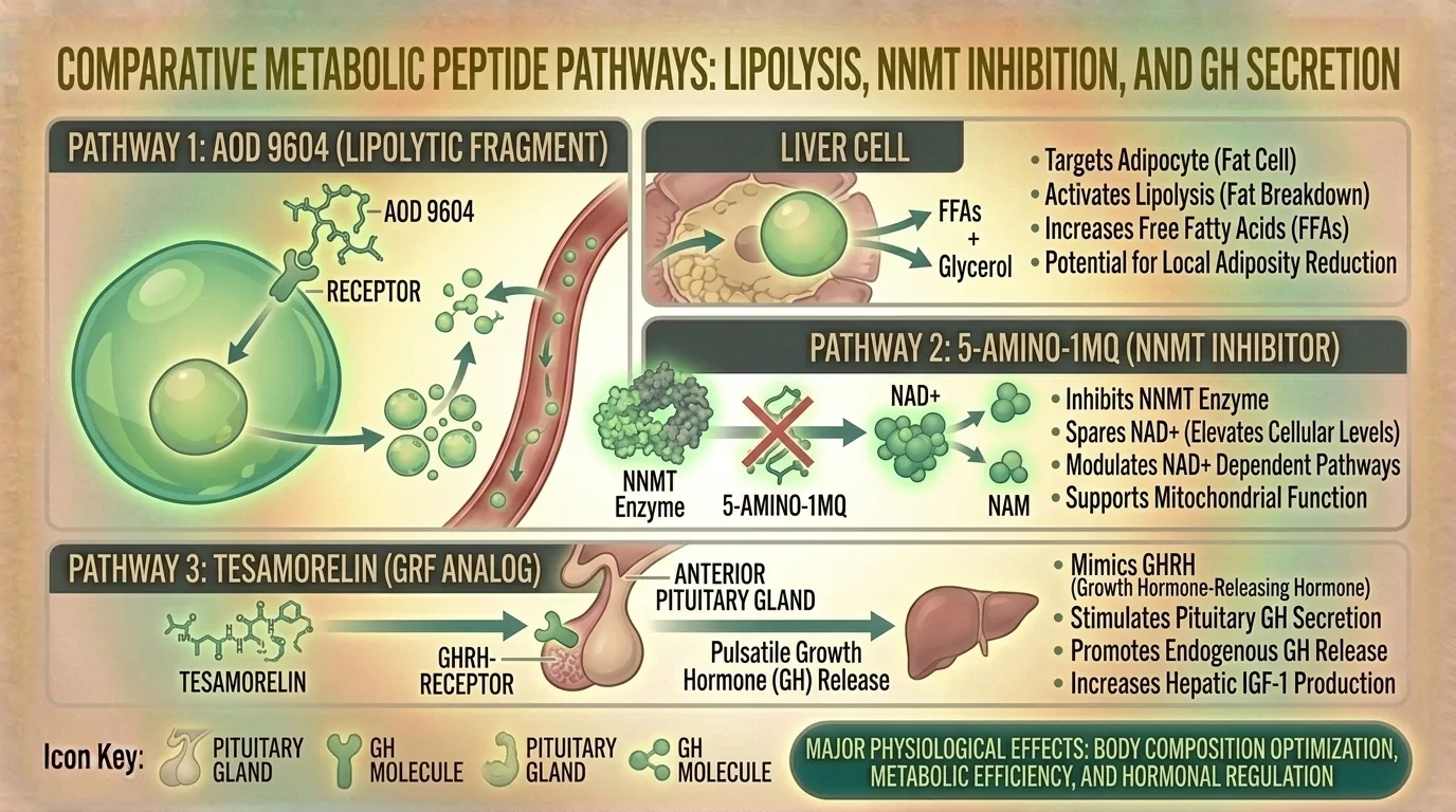 Diagram showing different metabolic pathway targets of peptide compounds