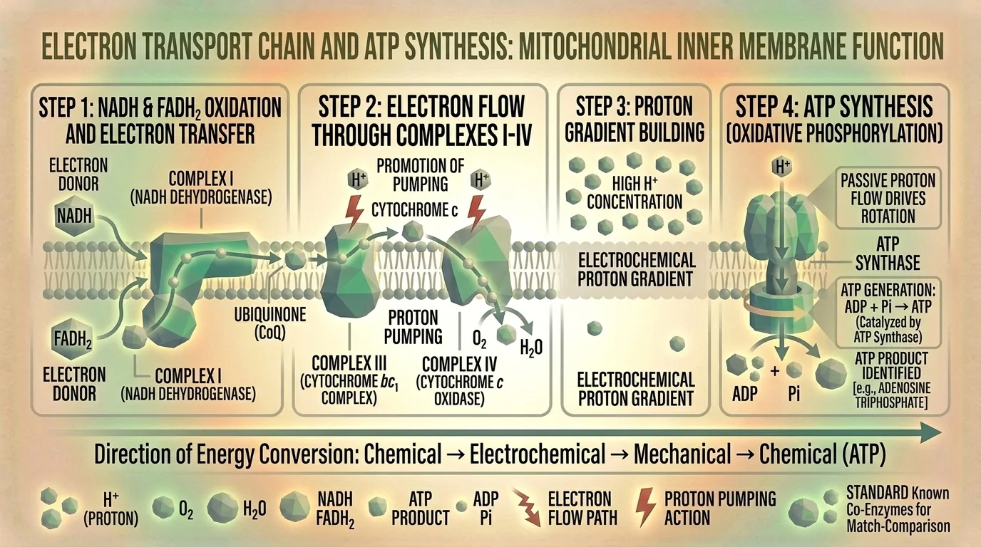 Cross-section illustration of a mitochondrion showing the electron transport chain