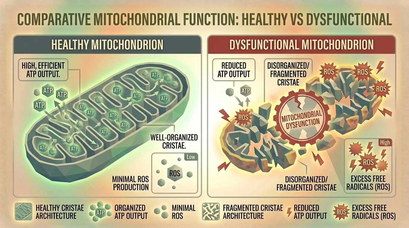 Diagram comparing healthy vs dysfunctional mitochondria