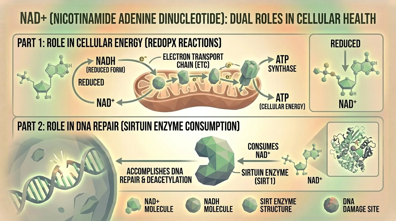 Diagram showing NAD+ molecule and its role in cellular energy pathways