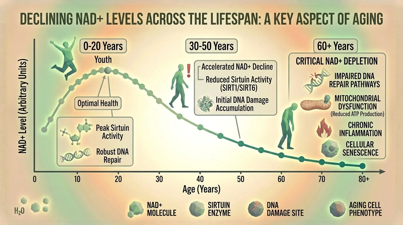 Chart showing NAD+ decline with age and associated cellular effects