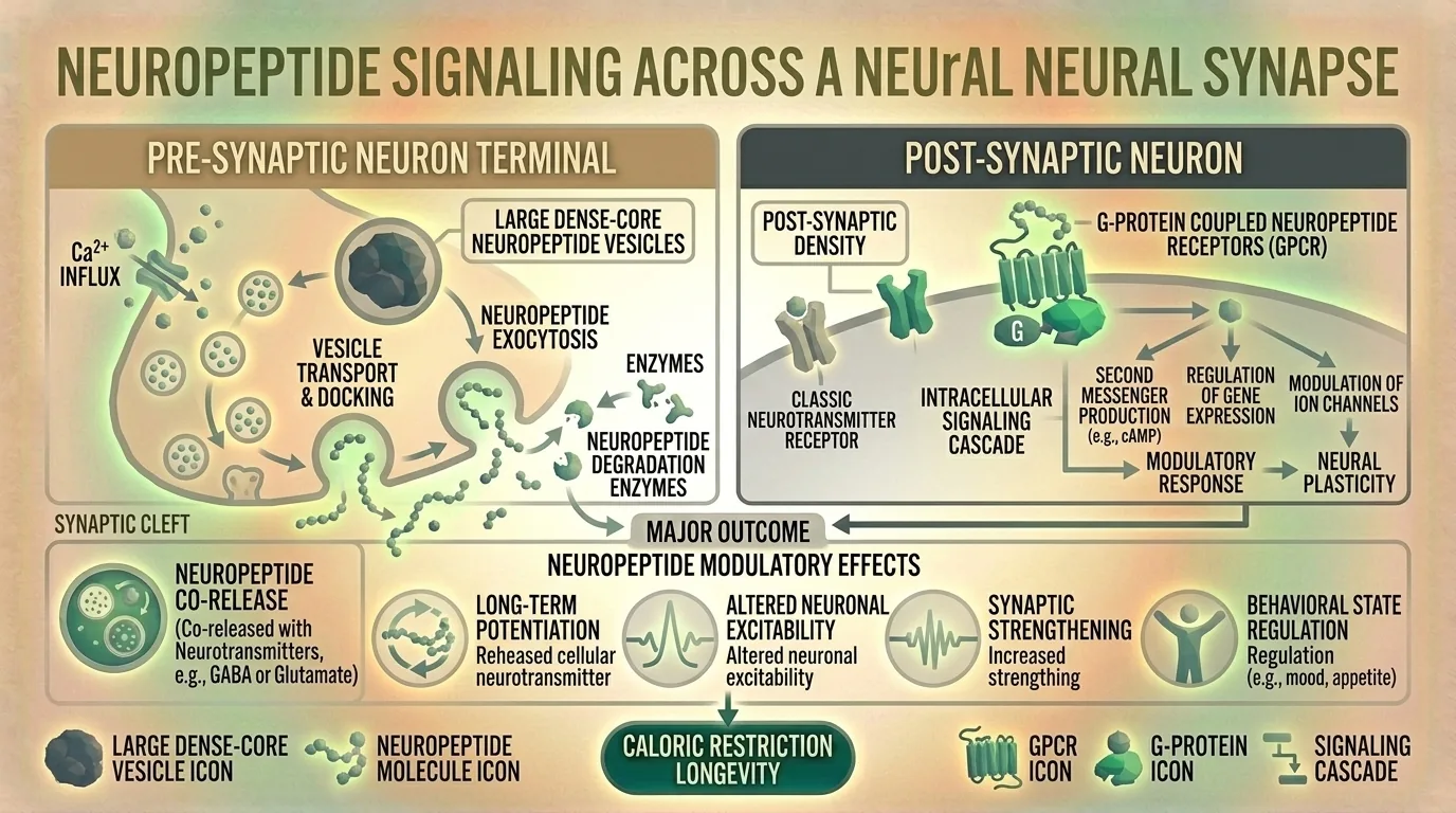 Illustration of neural synapse with neuropeptide signaling