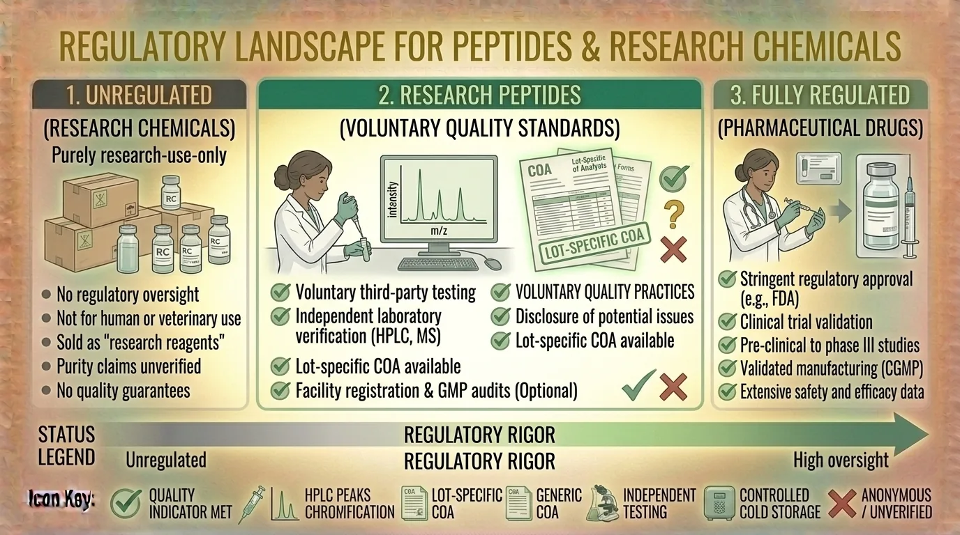 Illustration of regulatory framework showing where research peptides fit
