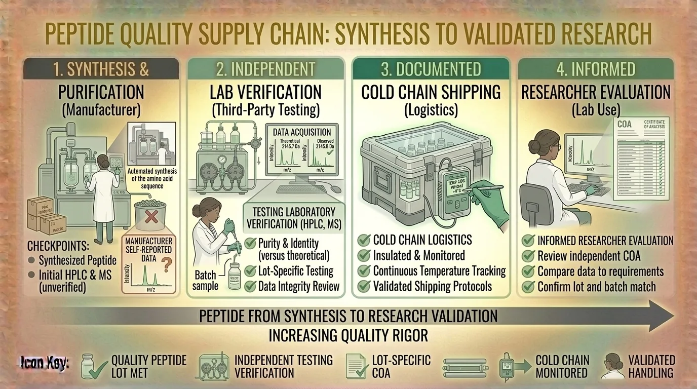Diagram showing the peptide quality ecosystem from manufacturer to researcher