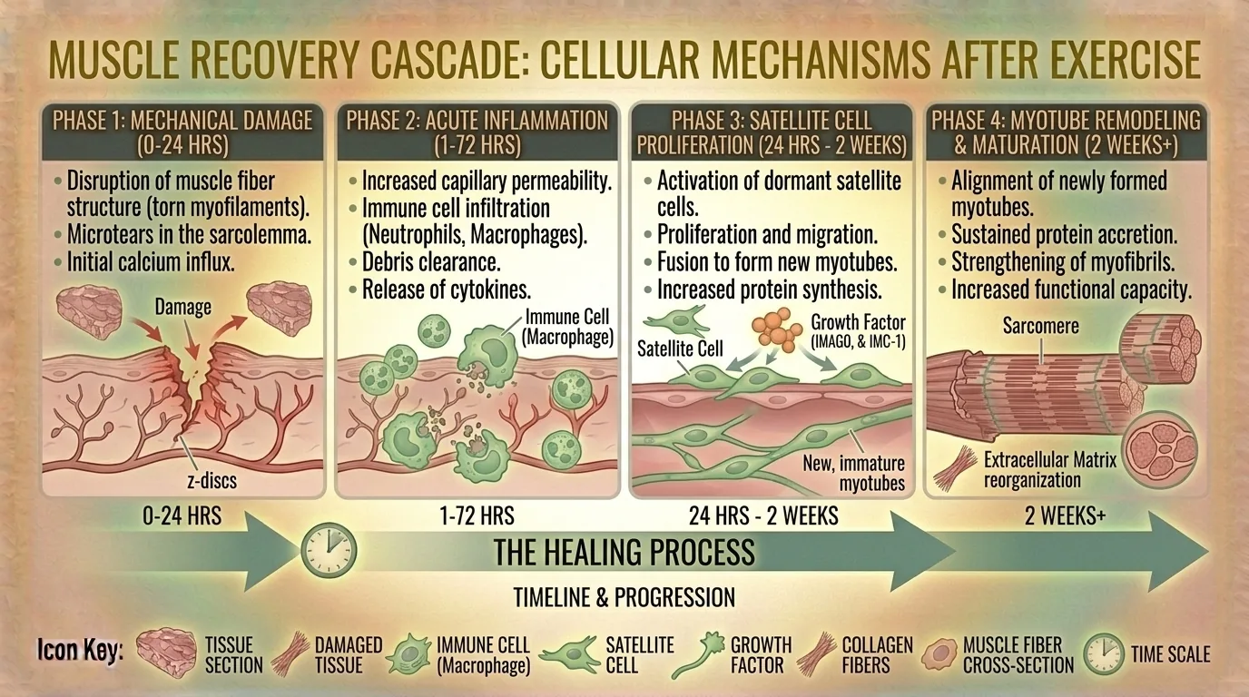 Illustration of muscle tissue repair and regeneration cycle after exercise