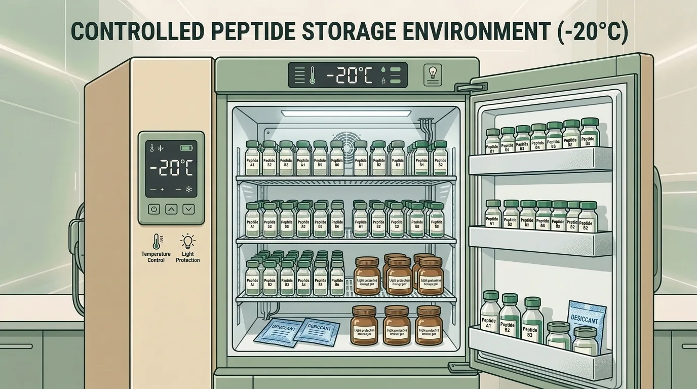 Scientific illustration of proper peptide storage conditions showing temperature-controlled environment