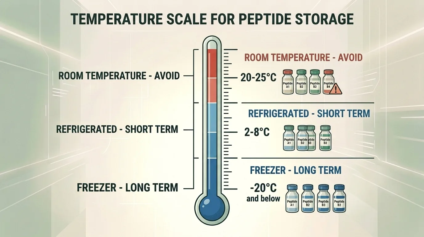 Temperature scale showing optimal storage zones for lyophilized and reconstituted peptides
