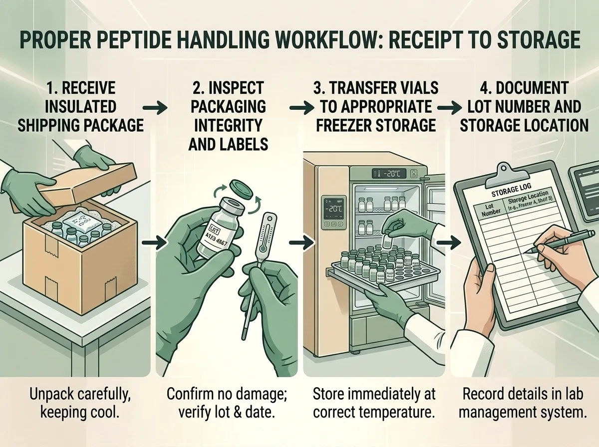 Illustration of proper peptide handling workflow from receipt to storage