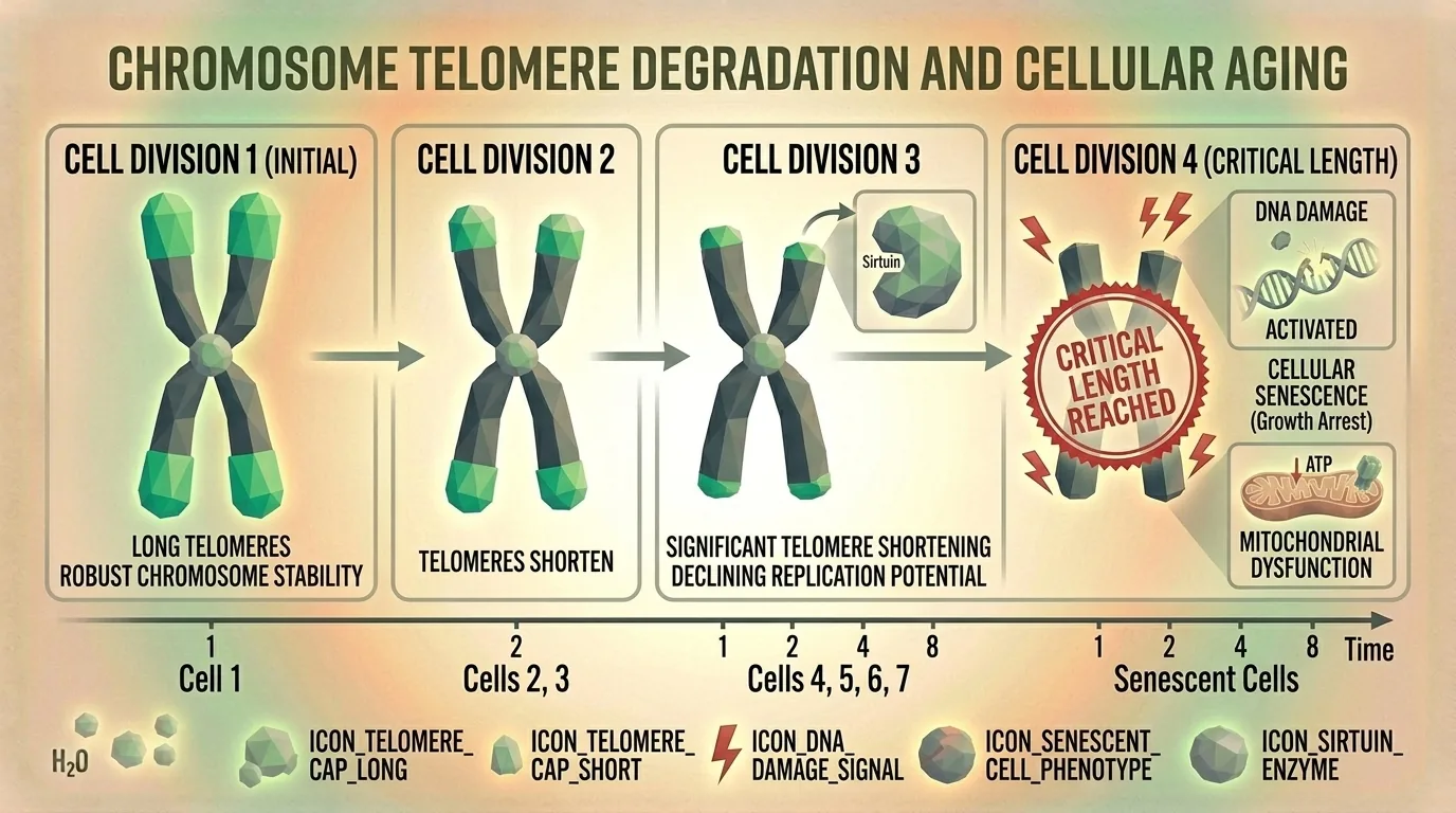 Illustration of chromosome with telomere caps highlighted