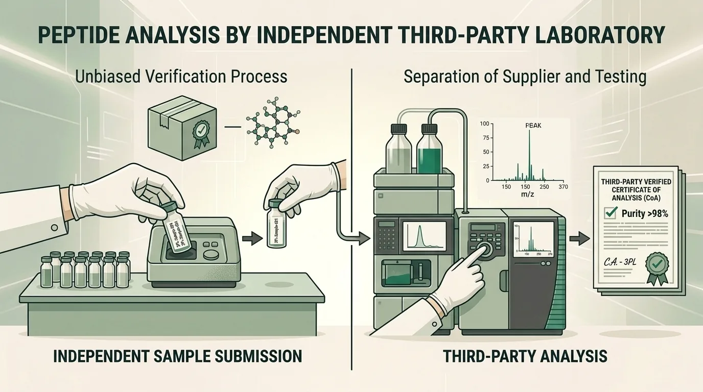 Scientific illustration of a third-party laboratory performing peptide analysis
