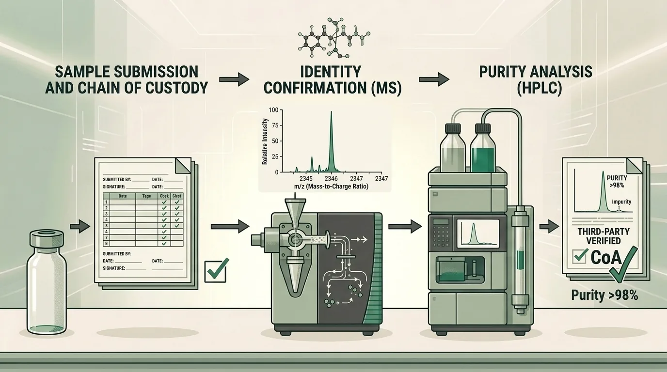 Diagram showing the three steps of peptide verification: sample submission, mass spectrometry, and HPLC analysis