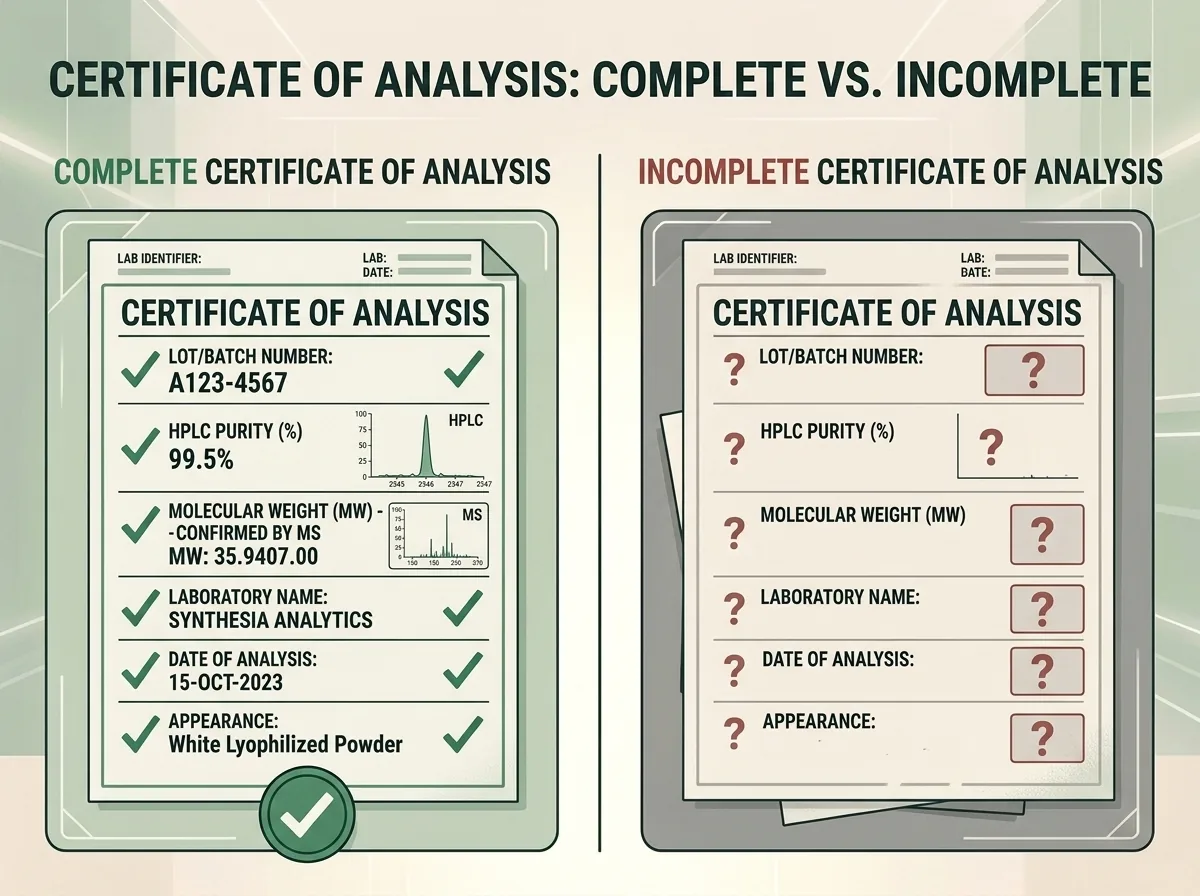 Visual comparison of complete vs incomplete Certificate of Analysis documents