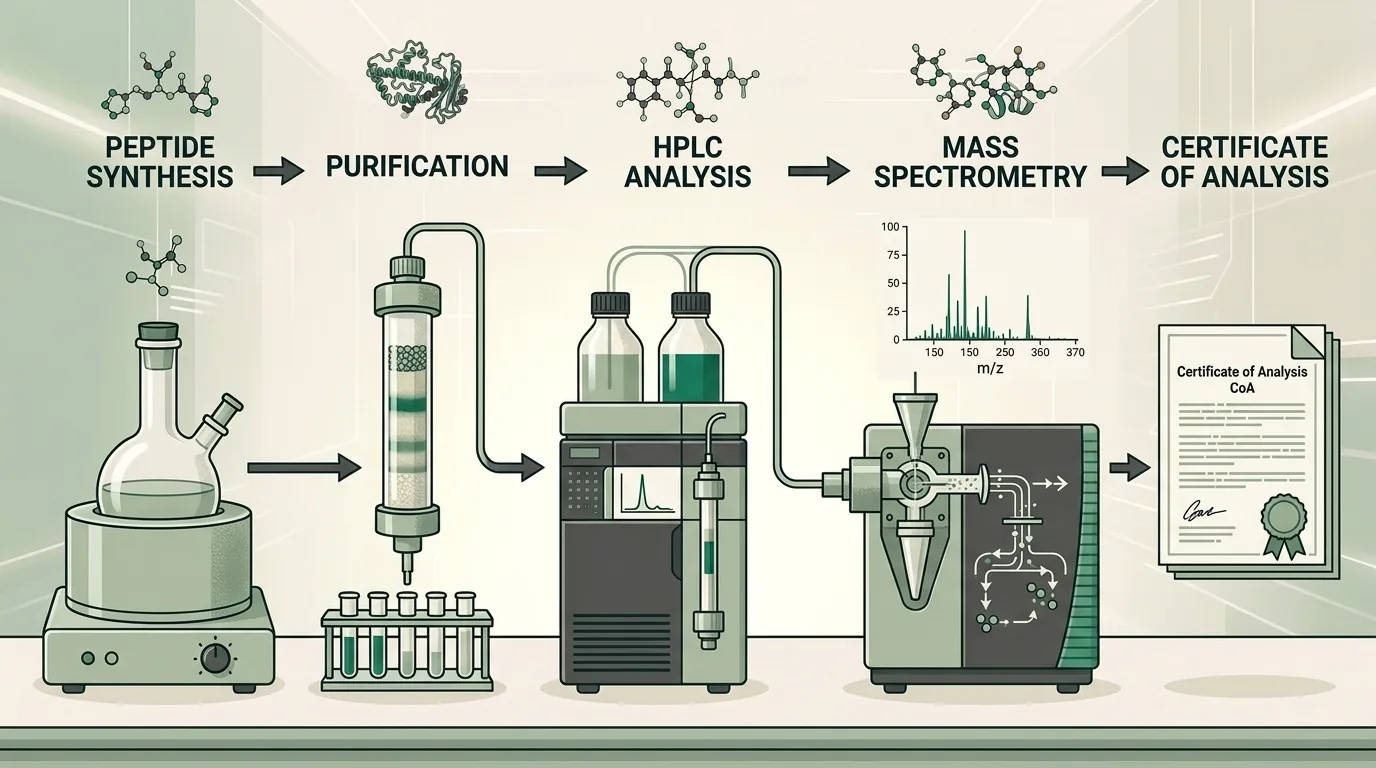 Diagram showing the peptide quality verification process from synthesis to Certificate of Analysis