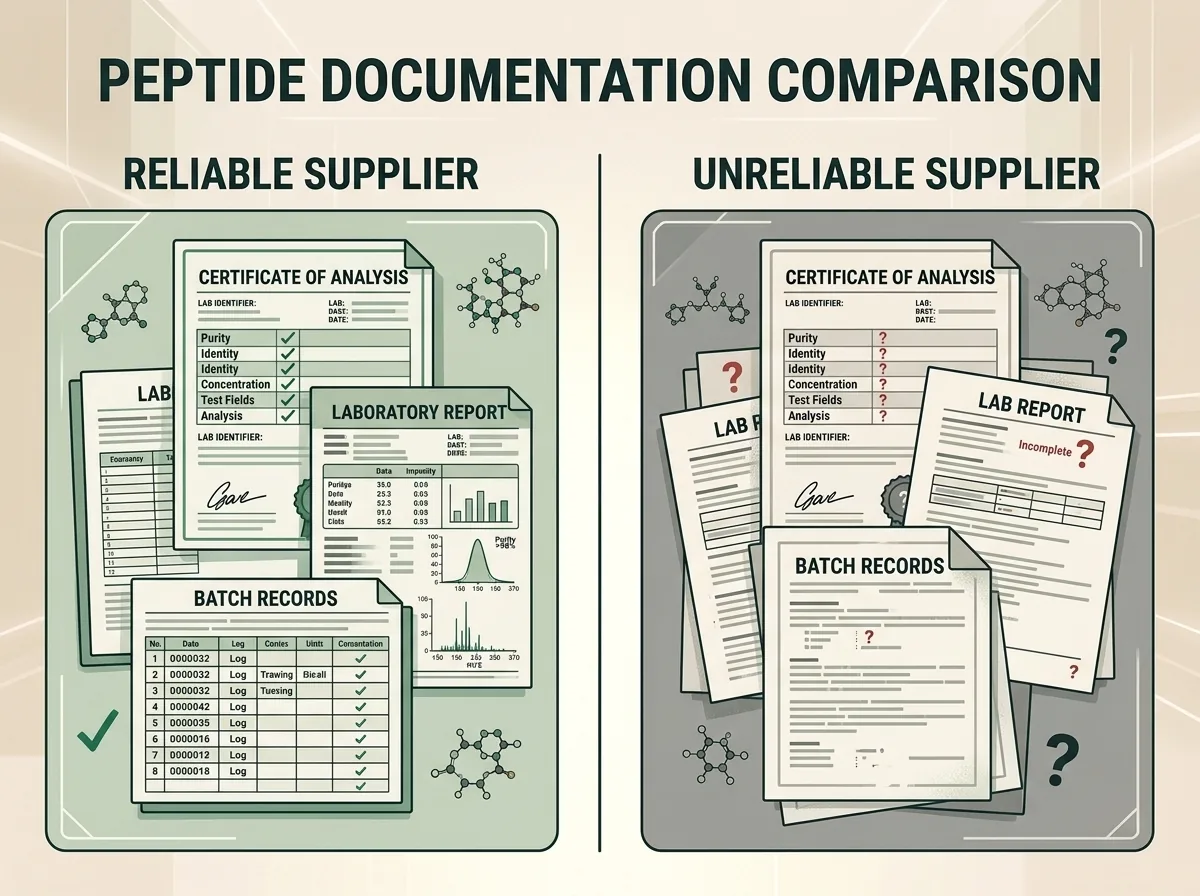 Comparison of reliable vs unreliable peptide supplier documentation practices